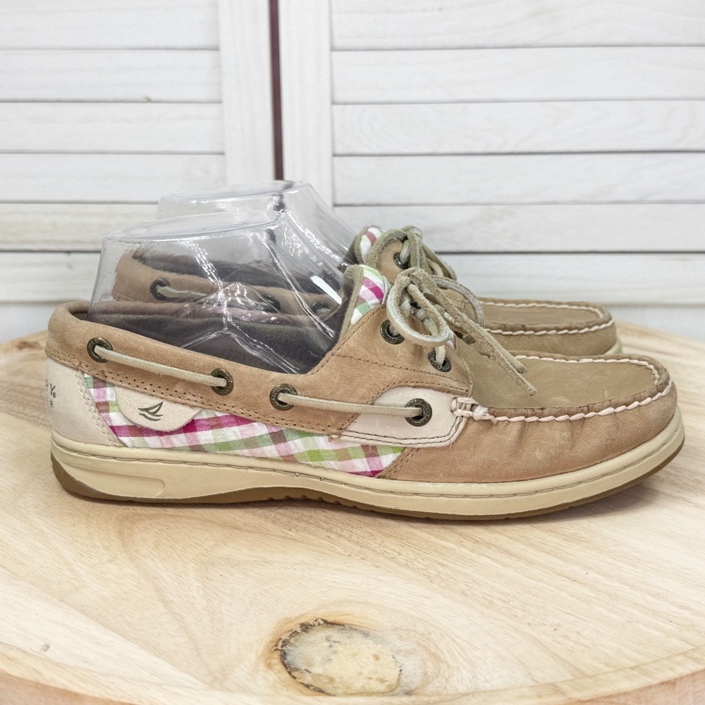 Sperry Bluefish Leather Plaid Seersucker Slip On Loafer Boat Shoes Tan Women 7